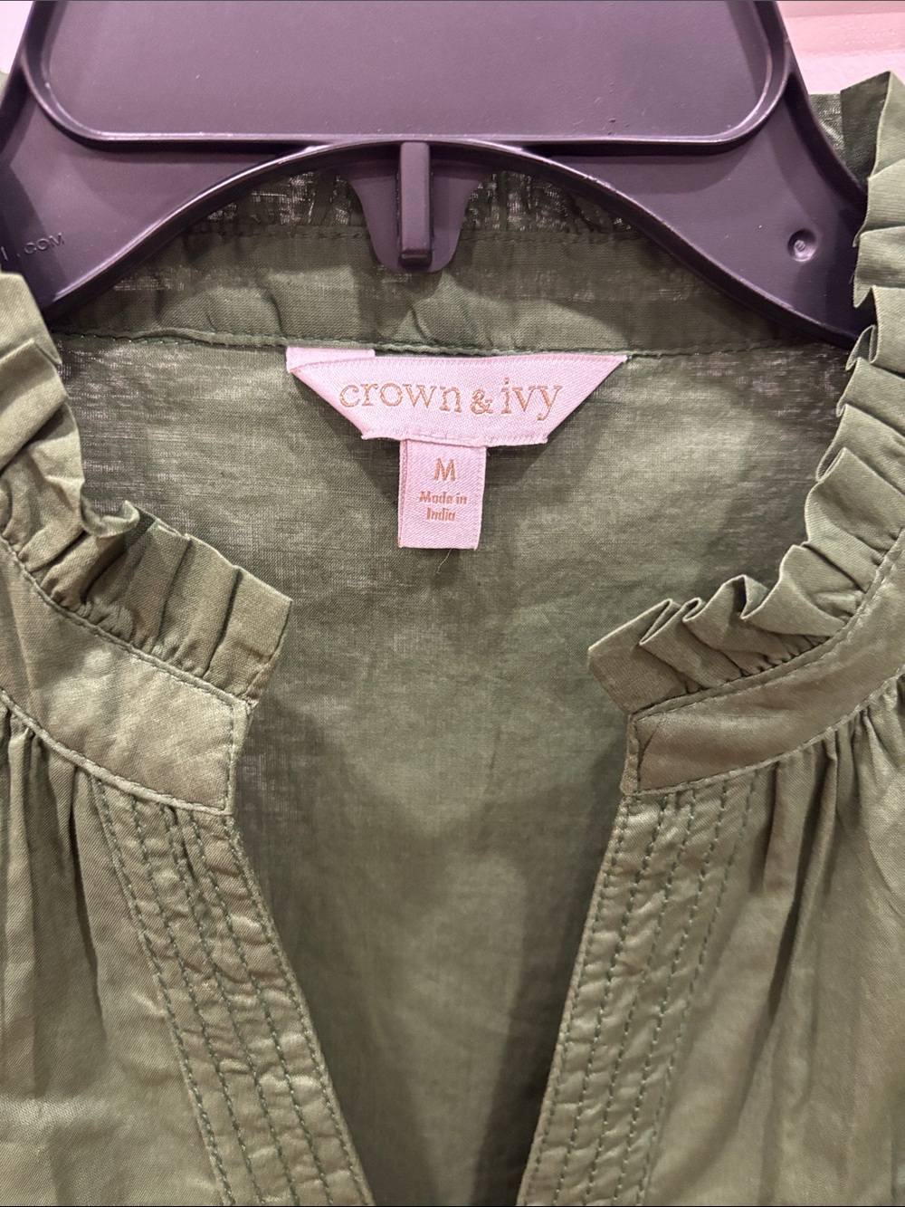 Crown & Ivy Green Short Sleeve Ruffle Neck Blouse - Picture 2 of 4